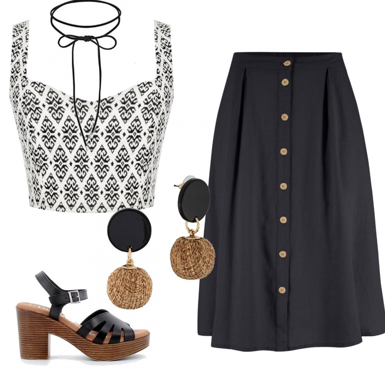 Outfit donna - Etnico chic. Stile Etnico per Tutti i giorni. Abbinamento con gonne longuette, orecchini, top, sandali, collane.
