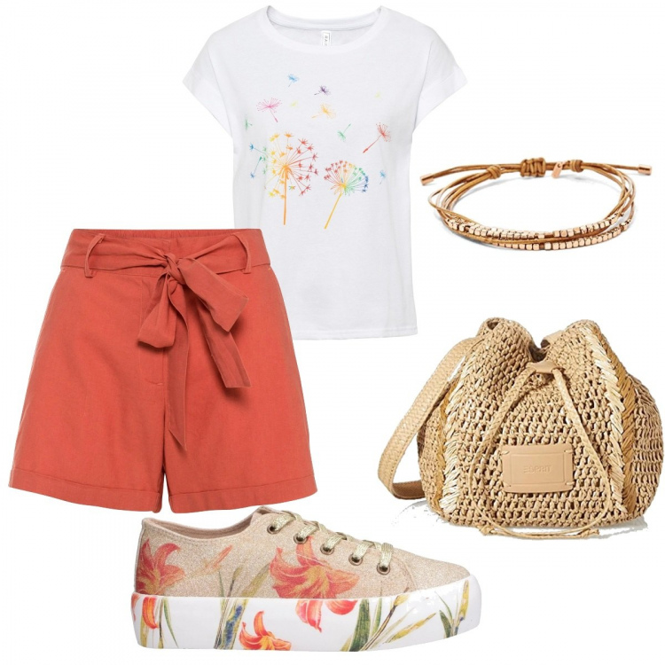 Outfit donna - Basic #26948. Stile Basic per Tutti i giorni. Abbinamento con t-shirt, shorts, sneakers, borse a tracolla, braccialetti.
