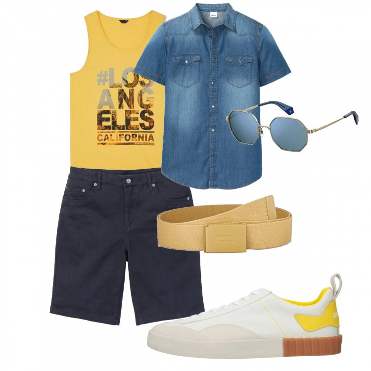 Outfit uomo - La canotta. Stile Casual per Tutti i giorni. Abbinamento con sneakers, camicie a manica corta, bermuda, canottiere, occhiali da sole, cinture.