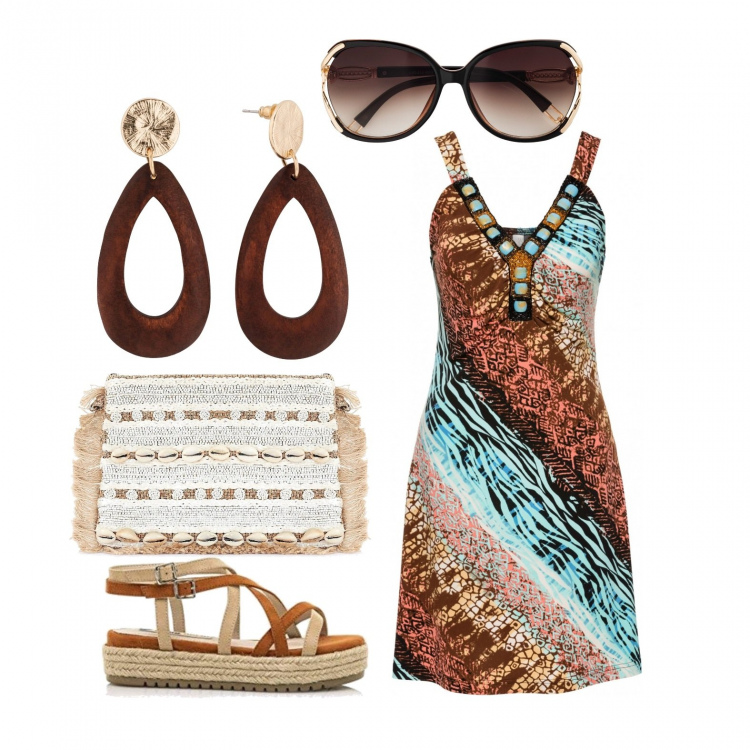 Outfit donna - La borsa di paglia. Stile Glamour per Mare. Abbinamento con vestiti, occhiali da sole, orecchini, pochette, sandali.