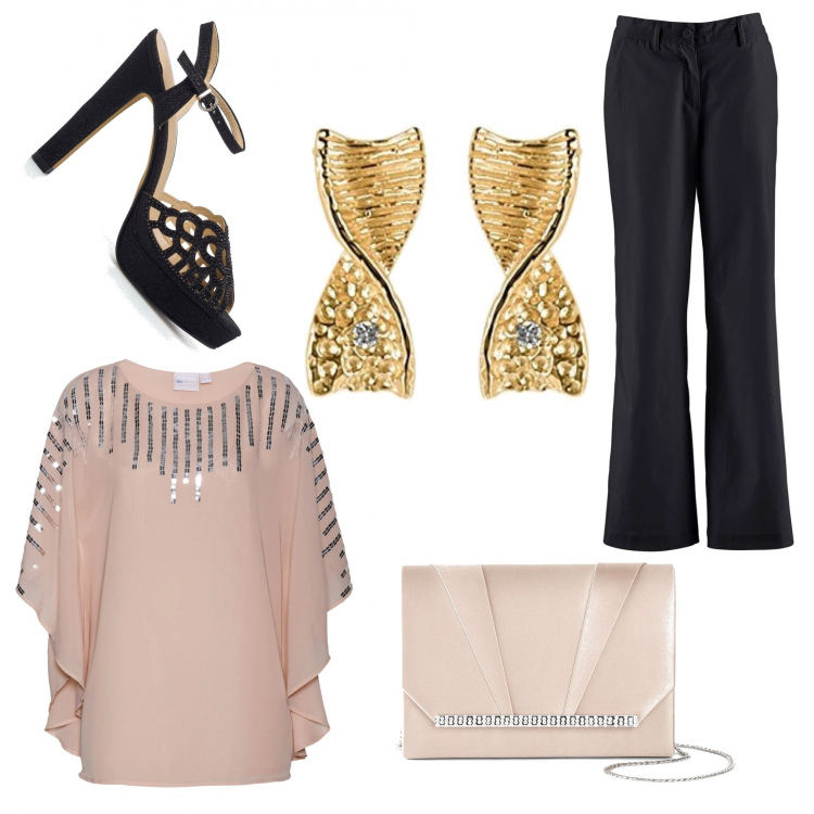 Outfit donna - Semplice ma elegante. Stile Chic per Cerimonia. Abbinamento con pantaloni, tuniche, pochette, sandali gioiello, orecchini.