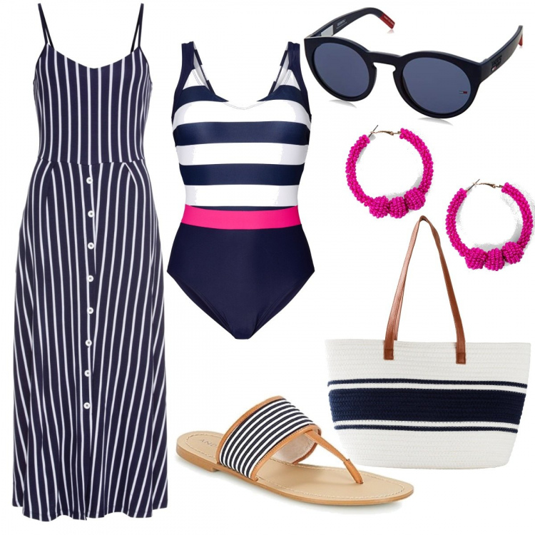 Outfit donna - Mare curvy low cost a righe. Stile Glamour per Mare. Abbinamento con vestiti midi/longuette, costumi interi, shopping bag, orecchini, infradito, occhiali da sole.