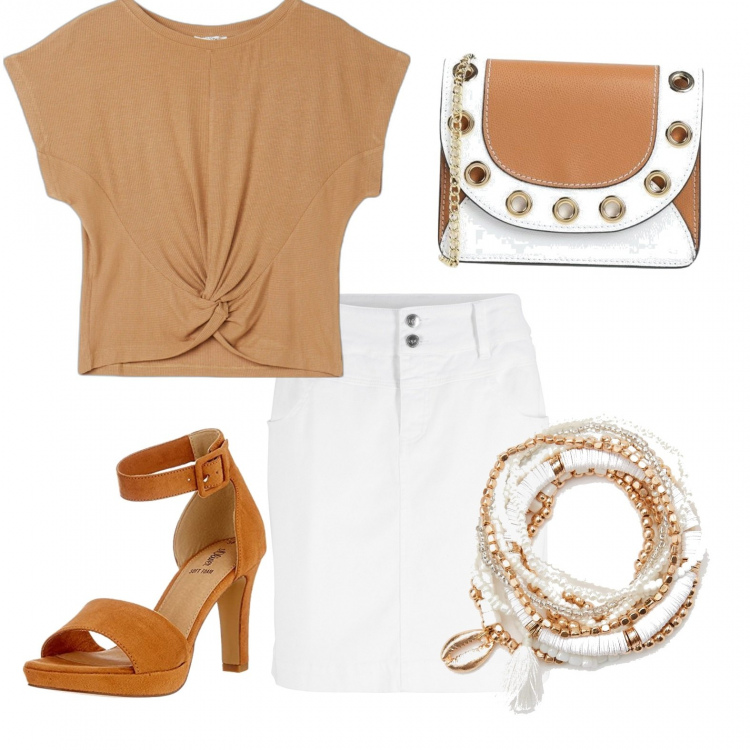 Outfit donna - Caramello e bianco. Stile Bon Ton per Ufficio. Abbinamento con minigonne, borse a tracolla, top, braccialetti, sandali col tacco.