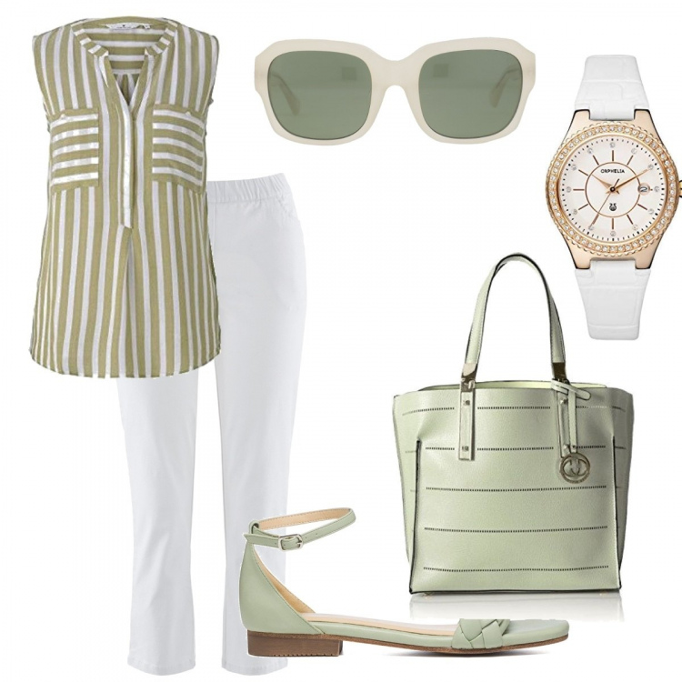 Outfit donna - Green & white comfy. Stile Basic per Tutti i giorni. Abbinamento con pantaloni, occhiali da sole, sandali in pelle, camicie, shopping bag, orologi analogici.