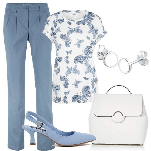 Outfit donna - Lavoro low cost. Stile Basic per Ufficio. Abbinamento con pantaloni chino, t-shirt, sandali in pelle, borse a mano, orecchini.