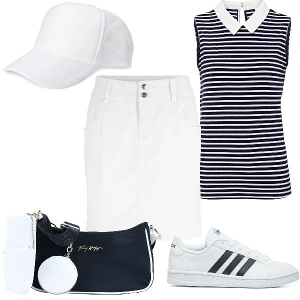 Outfit donna - Outfit sportivo ma femminile per Gloria. Stile Sporty chic per Tutti i giorni. Abbinamento con minigonne, top, borse a tracolla, sneakers, cappelli con visiera.