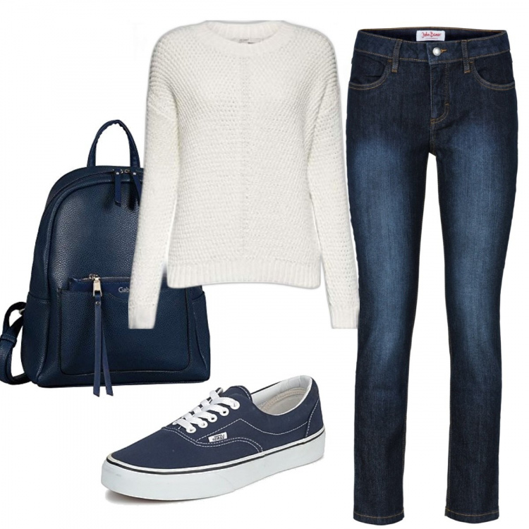 Outfit donna - Casual #2030. Stile Casual per Tutti i giorni. Abbinamento con jeans slim fit, sneakers, maglieria, zaini.