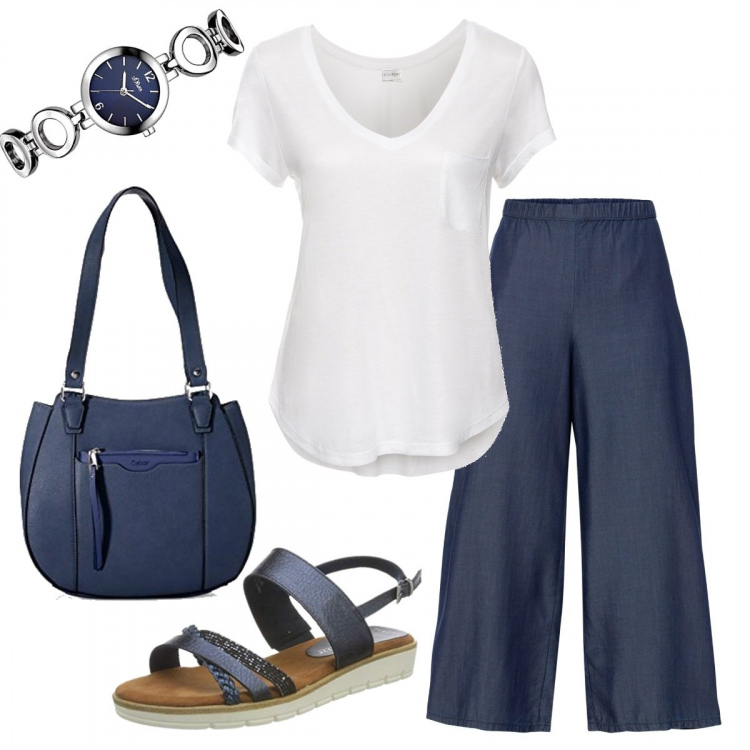 Outfit donna - Bon Ton #13211. Stile Bon Ton per Ufficio. Abbinamento con t-shirt, pantaloni culotte, sandali, borse a spalla, orologi.