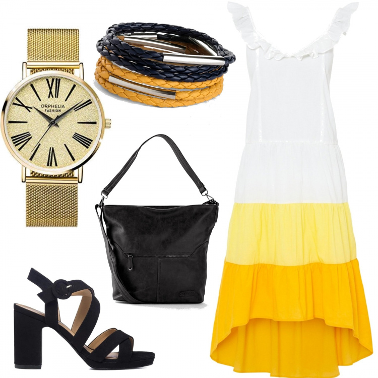 Outfit donna - Giallo e nero. Stile Trendy per Serata fuori. Abbinamento con borse a tracolla, vestiti asimmetrici, braccialetti, sandali col tacco, orologi analogici.