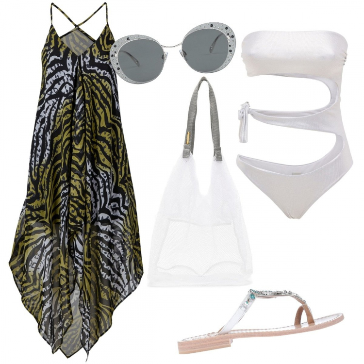 Outfit donna - Trendy al mare. Stile Trendy per Mare. Abbinamento con vestiti da spiaggia, infradito, occhiali da sole, shopping bag, costumi interi.
