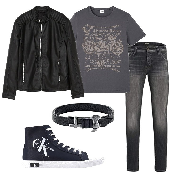 Outfit uomo - On the road again. Stile Biker Rock per Tutti i giorni. Abbinamento con t-shirt, sneakers alte, giacche, jeans slim fit, braccialetti.
