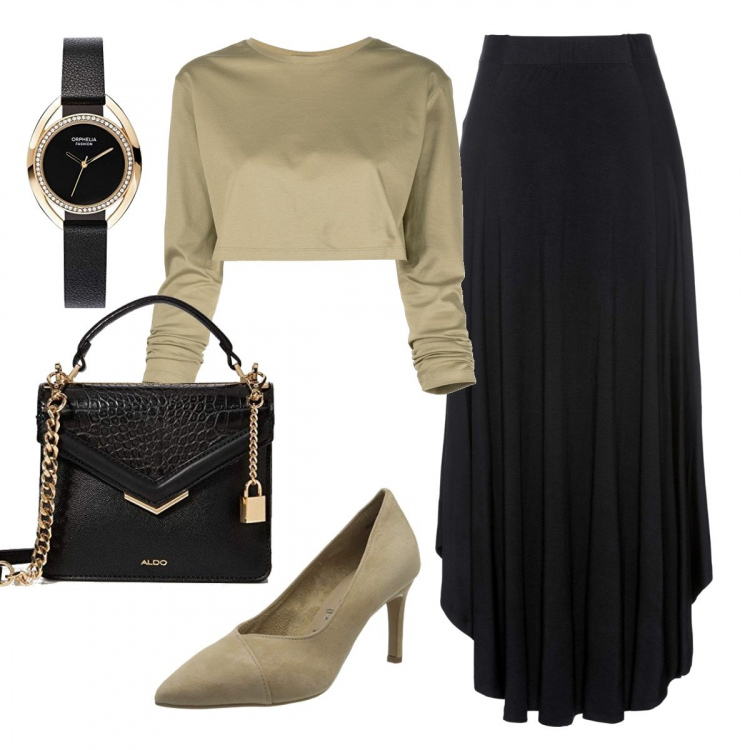 Outfit donna - Total look #1102895. Stile Trendy per Serata fuori. Abbinamento con gonne, top, décolleté, orologi analogici, borse a mano.
