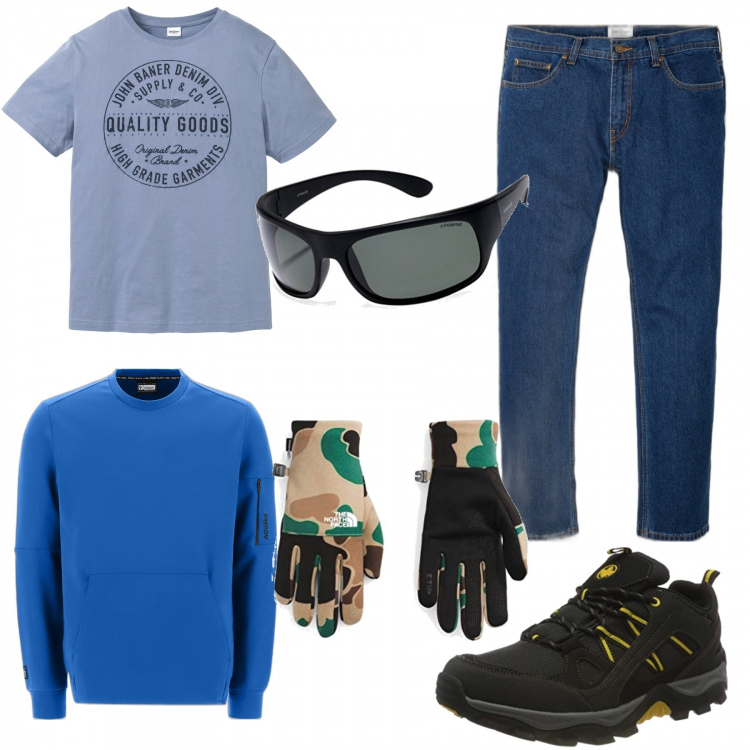 Outfit uomo - Gita in montagna. Stile Casual per Tutti i giorni. Abbinamento con jeans dritti, t-shirt, felpe, sneakers alte, guanti, occhiali da sole.
