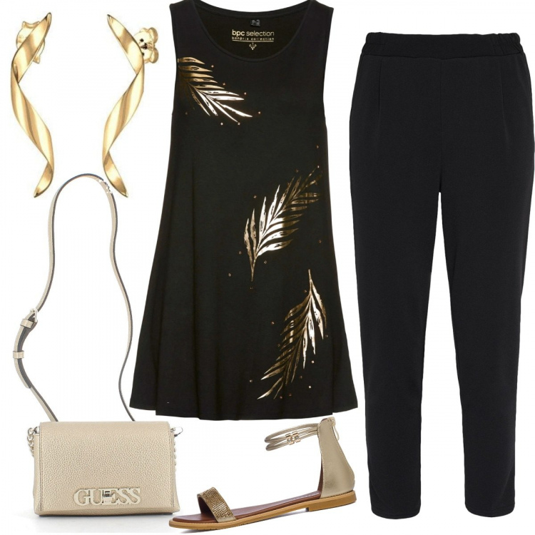 Outfit donna - Curvy gold & black. Stile Glamour per Serata fuori. Abbinamento con top, pantaloni capri, clutch, sandali gioiello, orecchini.