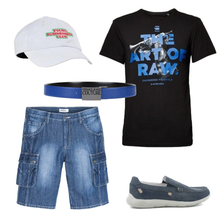 Outfit uomo - Total look #1103191. Stile Trendy per Mare. Abbinamento con bermuda, cinture, t-shirt, cappelli con visiera, scarpe stringate.