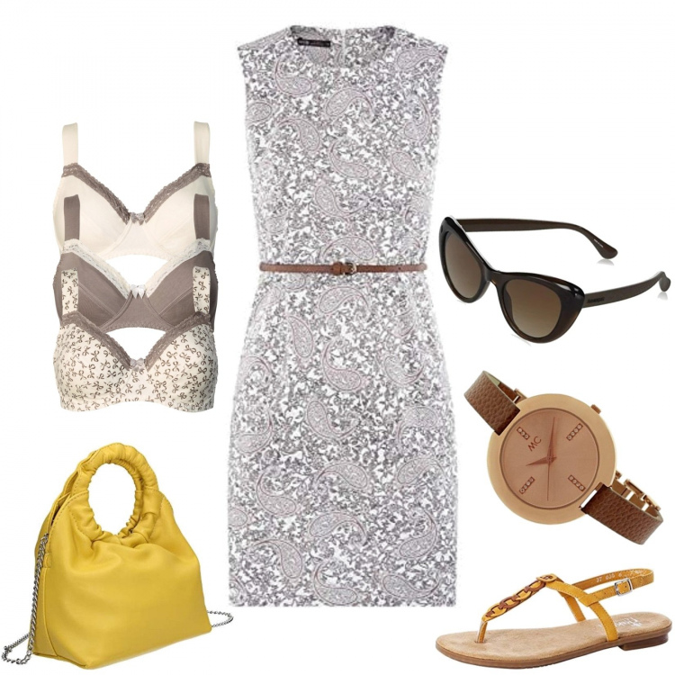 Outfit donna - In ufficio d\'estate. Stile Casual per Ufficio. Abbinamento con reggiseni, vestiti corti, sandali, pochette, orologi, occhiali da sole.
