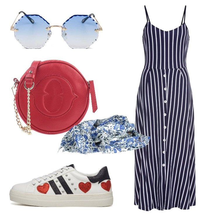 Outfit donna - Le righe che slanciano!. Stile Casual chic per Tutti i giorni. Abbinamento con borse a tracolla, vestiti midi/longuette, sneakers, occhiali da sole, sciarpe.