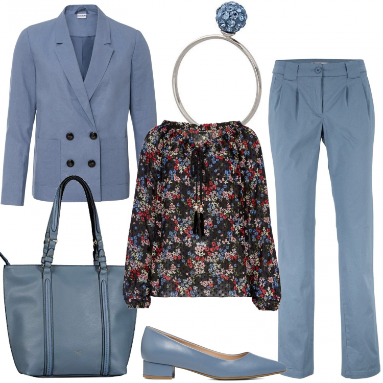 Outfit donna - Anche l\'anello. Stile Chic per Ufficio. Abbinamento con pantaloni chino, bluse, blazer, décolleté, shopping bag, anelli.