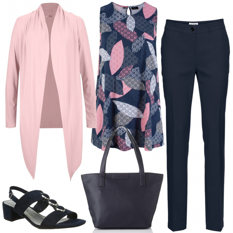 Outfit donna - In blu e rosa. Stile Casual chic per Ufficio. Abbinamento con pantaloni, top, cardigans, sandali, shopping bag.