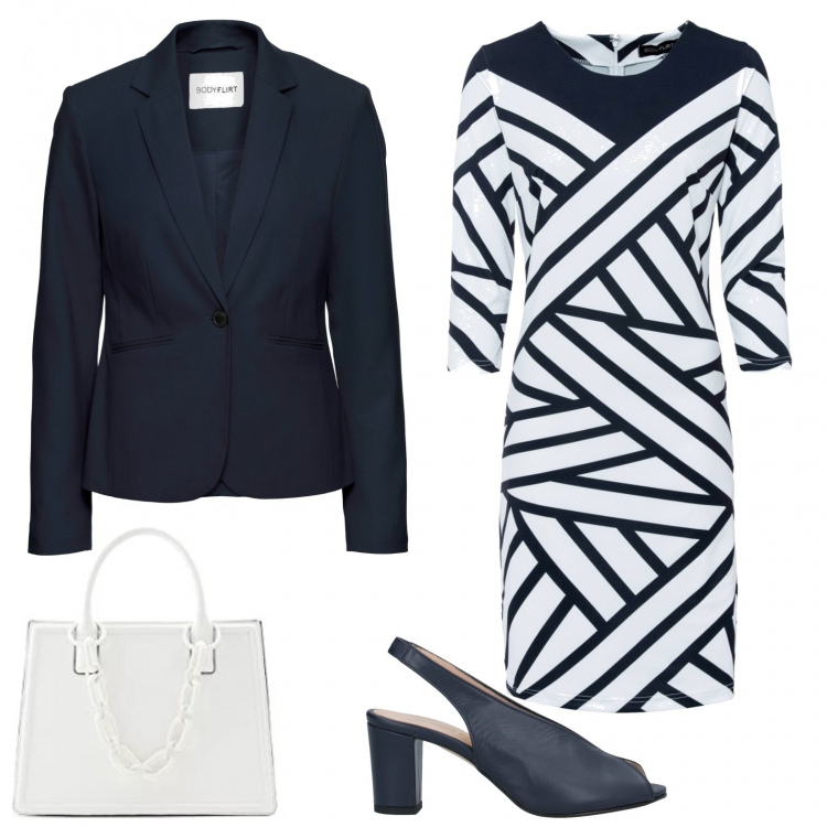 Outfit donna - Cerimonia in bianco e blu. Stile Chic per Cerimonia. Abbinamento con blazer, vestiti, sandali col tacco, borse a tracolla.