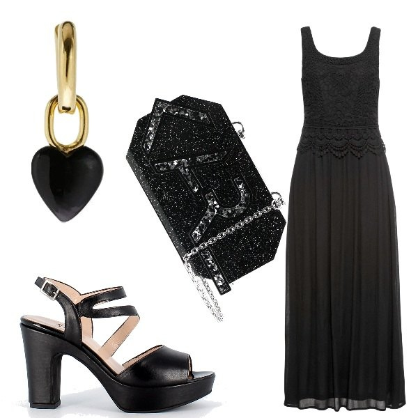 Outfit donna - Total look. Stile Chic per Cerimonia. Abbinamento con vestiti midi/longuette, clutch, sandali col tacco, orecchini.