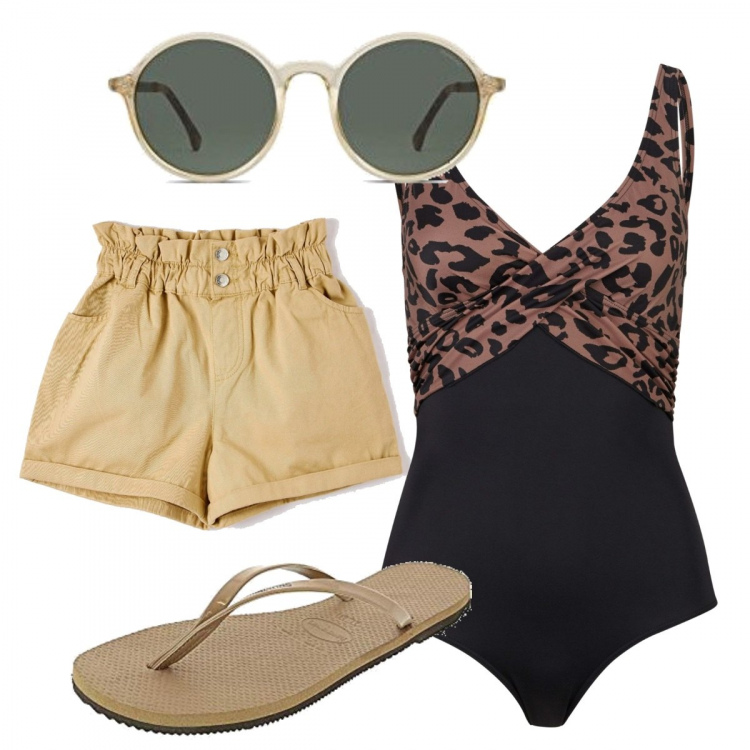 Outfit donna - Total look #1104036. Stile Casual per Mare. Abbinamento con costumi interi, pantaloni corti, infradito, occhiali da sole.