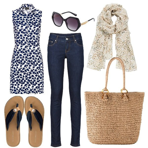 Outfit donna - Finalmente in ferie. Stile Urban per Tutti i giorni. Abbinamento con jeans skinny, camicie, shopping bag, occhiali da sole, infradito, sciarpe.