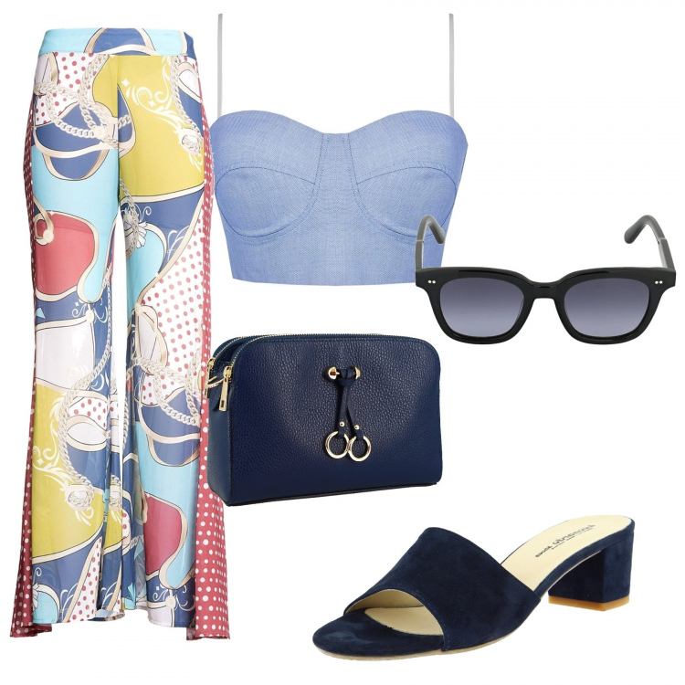 Outfit donna - Total look #1104181. Stile Trendy per Serata fuori. Abbinamento con top, pantaloni a palazzo, sandali in pelle, borse a tracolla, occhiali da sole.