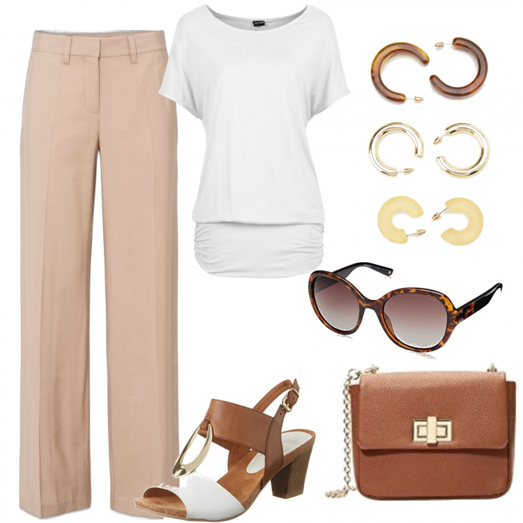 Outfit donna - Minimal chic. Stile Minimal per Tutti i giorni. Abbinamento con maglieria, pantaloni, orecchini, sandali, occhiali da sole, borse a tracolla.