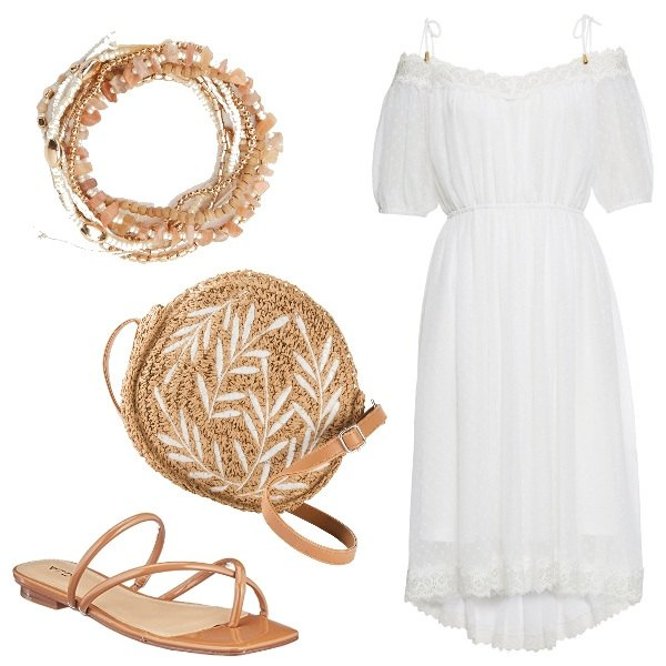 Outfit donna - La borsetta di paglia. Stile Boho per Mare. Abbinamento con vestiti, borse a tracolla, braccialetti, scarpe col tacco.