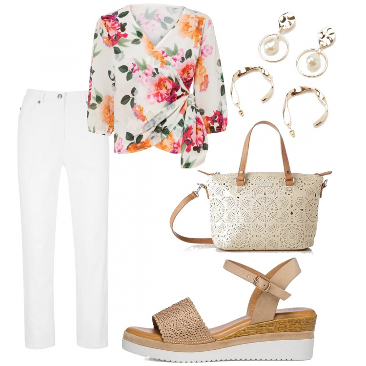 Outfit donna - Donna Curvy & Plus Size. Stile Trendy per Tutti i giorni. Abbinamento con pantaloni, bluse, orecchini, sandali gioiello, borse a tracolla.