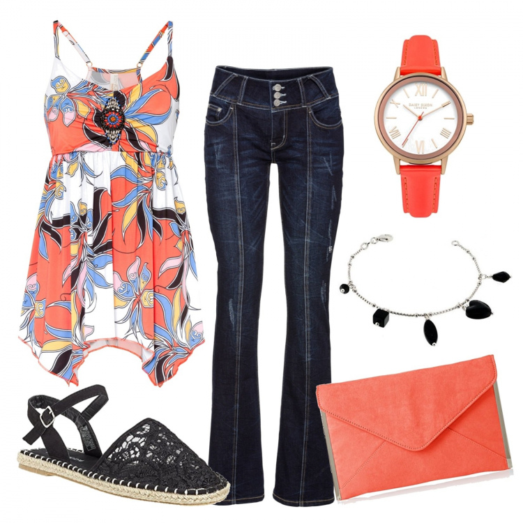 Outfit donna - La fantasia estiva che ti valorizza. Stile Basic per Tutti i giorni. Abbinamento con jeans bootcut, maglieria, espadrillas, braccialetti, pochette, orologi.