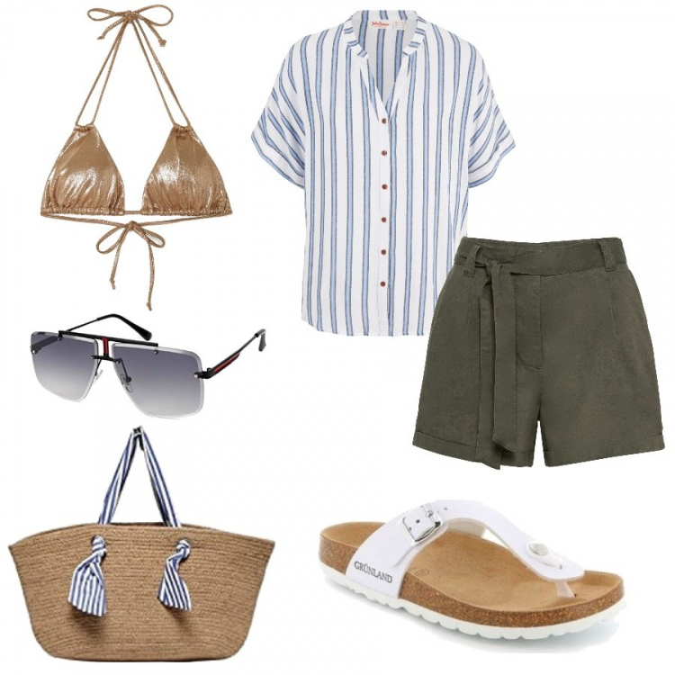 Outfit donna - Al mare. Stile Trendy per Mare. Abbinamento con camicie, shorts, infradito, bikini, shopping bag, occhiali da sole.