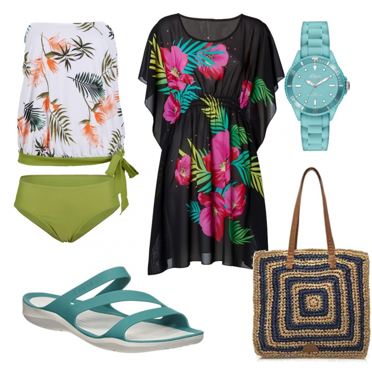 Outfit donna - Total look #1105336. Stile Glamour per Mare. Abbinamento con costumi interi, vestiti da spiaggia, shopping bag, sandali gioiello, orologi.