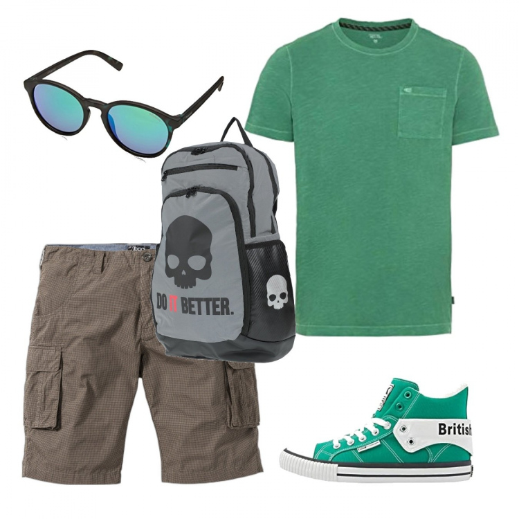 Outfit uomo - Trendy con le British verdi. Stile Trendy per Tutti i giorni. Abbinamento con bermuda, borse sportive, t-shirt, sneakers, occhiali da sole.