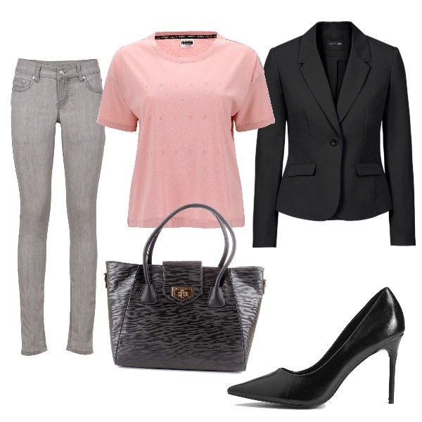 Outfit donna - Total look. Stile Mannish per Ufficio. Abbinamento con jeans skinny, blazer, shopping bag, décolleté, t-shirt.