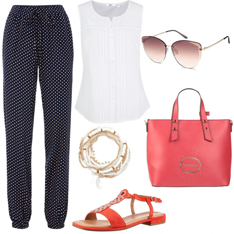 Outfit donna - I sandali rossi - Curvy & Plus Size. Stile Casual chic per Tutti i giorni. Abbinamento con pantaloni, camicie, borse a mano, braccialetti, sandali, occhiali da sole.