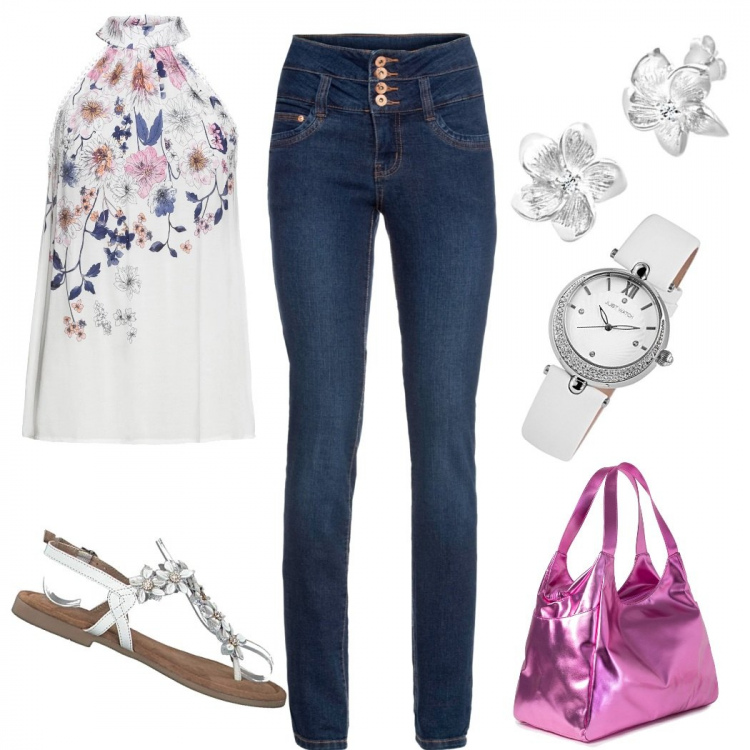 Outfit donna - Casual chic. Stile Casual chic per Tutti i giorni. Abbinamento con top, jeans, shopping bag, sandali, orecchini, orologi.