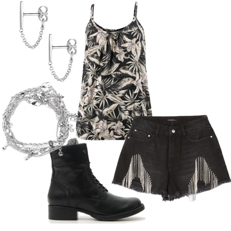 Outfit donna - Rock #2812. Stile Rock per Tutti i giorni. Abbinamento con top, stivaletti, shorts, braccialetti, orecchini.