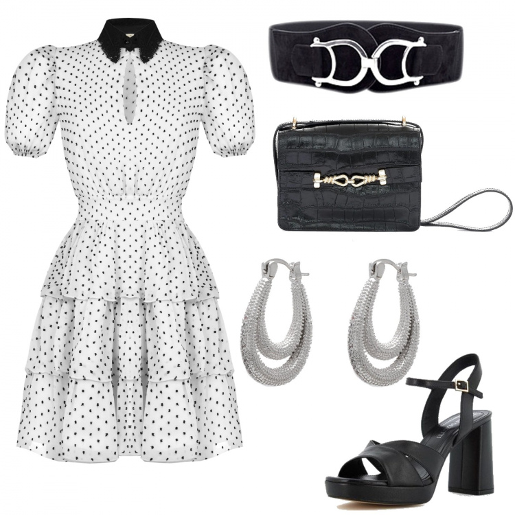 Outfit donna - Abito corto a pois. Stile Romantica per Serata fuori. Abbinamento con cinture, orecchini, vestiti corti, borse a tracolla, sandali col tacco.
