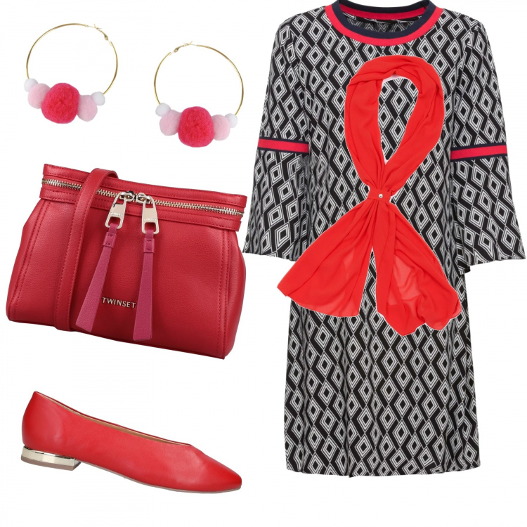 Outfit donna - Fantasia 2. Stile Bon Ton per Serata fuori. Abbinamento con vestiti, borse a tracolla, ballerine, scialli, orecchini.