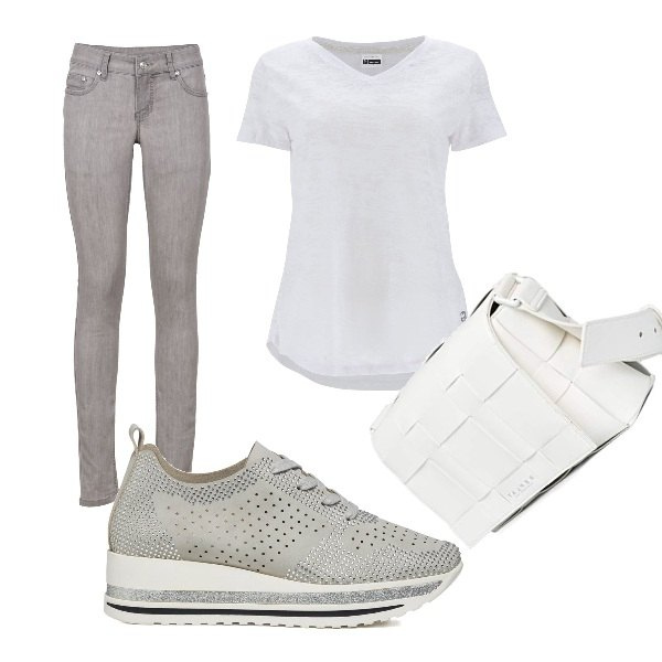 Outfit donna - Total look. Stile Basic per Tutti i giorni. Abbinamento con jeans skinny, t-shirt, sneakers, borse a mano.