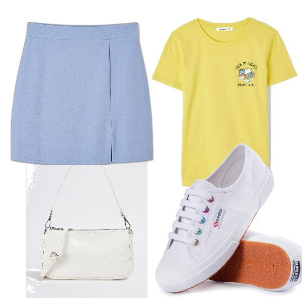 Outfit donna - Total look. Stile Casual per Tutti i giorni. Abbinamento con minigonne, borse a spalla, t-shirt, sneakers.