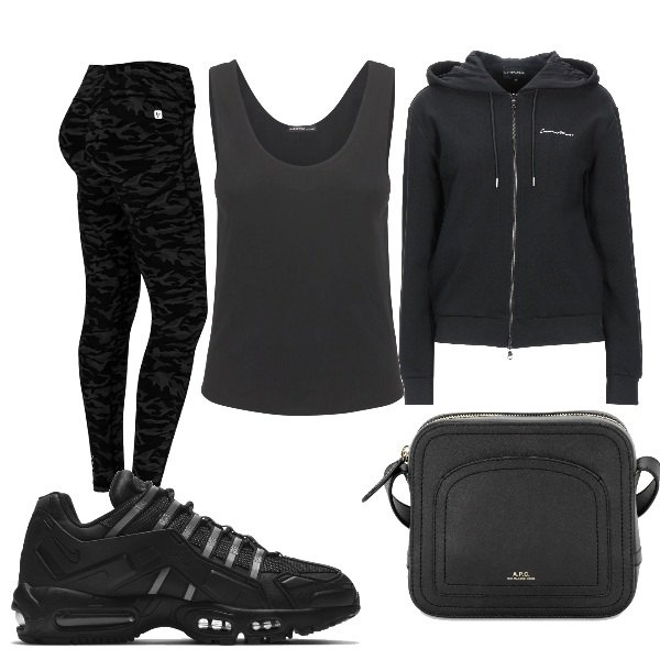 Outfit donna - Total look. Stile Military per Tutti i giorni. Abbinamento con felpe con cappuccio, leggings, borse a tracolla, sneakers, canottiere.