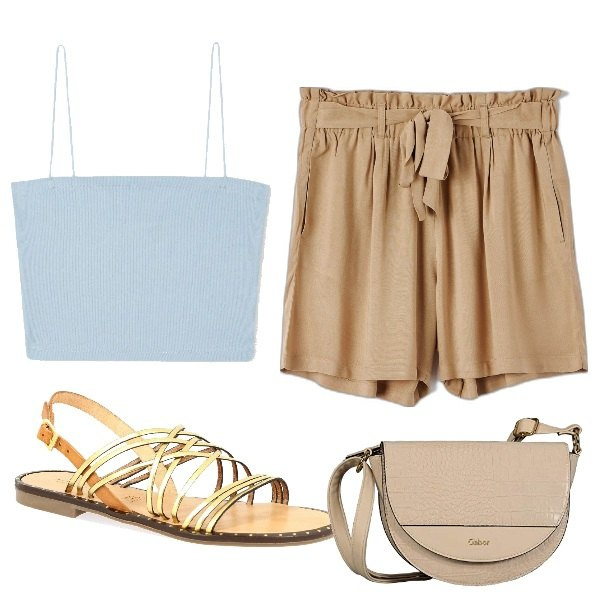 Outfit donna - Total look. Stile Minimal Abbinamento con pantaloni corti, sandali in pelle, top, borse a tracolla.