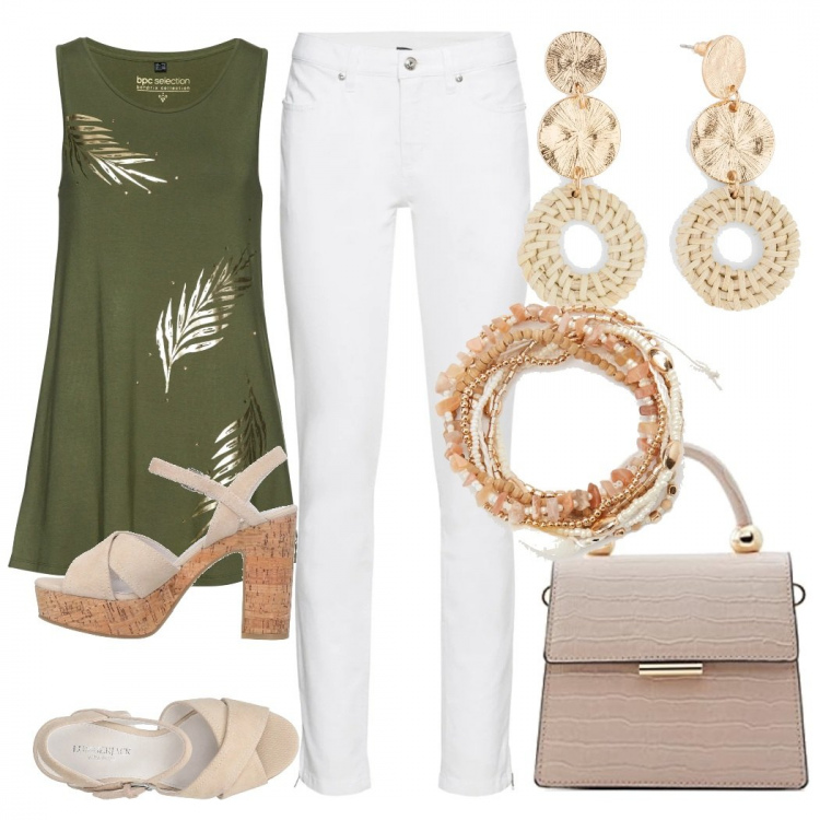 Outfit donna - Comoda in blusa. Stile Casual chic per Tutti i giorni. Abbinamento con jeans skinny, orecchini, top, sandali col tacco, braccialetti, borse a tracolla.