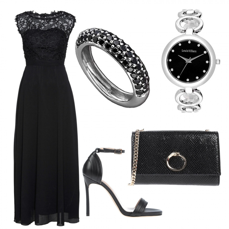 Outfit mujer - Concierto clasico. Estilo Glamour para Noche/Fiesta elegante. Combinación con anillos, relojes analógicos, vestidos largos, sandalias de tacón, bandoleras.