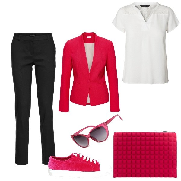 Outfit donna - Men in pink. Stile Trendy per Ufficio. Abbinamento con pantaloni, blazer crêpe rosso, borsa da viaggio taglia unica rosa e viola, occhiali da sole a gatto lenti colorate stanghette sottili protezione dai raggi rosa, top loose fit con pizzo a maniche corte bianco, sneakers in velluto.