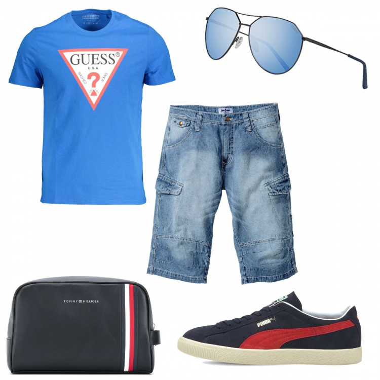 Outfit uomo - Trendy con i pantaloncini in denim. Stile Trendy per Tutti i giorni. Abbinamento con bermuda, borse sportive, t-shirt, occhiali da sole, sneakers.