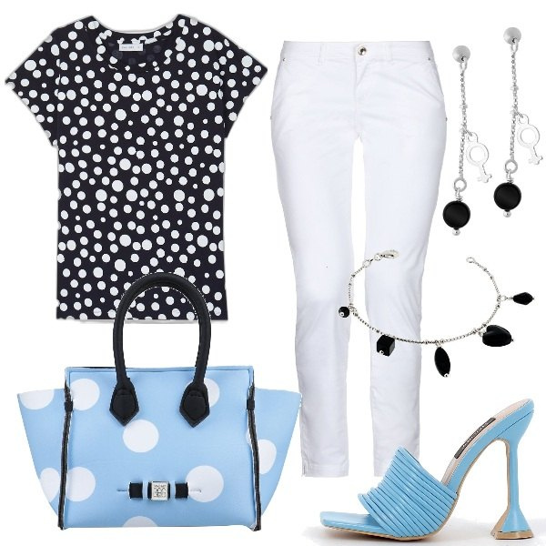 Outfit donna - I pois grandi. Stile Glamour per Tutti i giorni. Abbinamento con borse a mano, pantaloni, t-shirt, sandali in pelle, orecchini, braccialetti.
